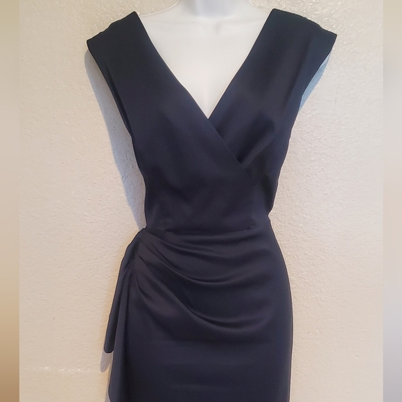 Maggie London Midnight Blue Satin Cocktail Side Bustled Pencil Midi Dress Sz 14 - Picture 4 of 12
